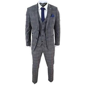 Marc Darcy London Mens Grey Check 3 Piece Suit Herringbone Tweed Vintage Tailored Fit Blue Velvet - Grey 36