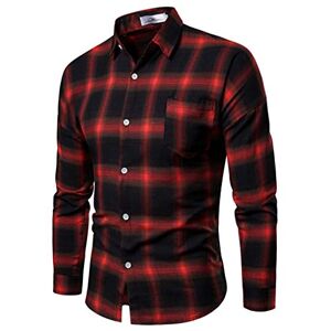 Botcam Men's Fashion Business Leisure Plaid Printing Long Sleeved Shirt Tops Blouse Shirt Cotton Men Red