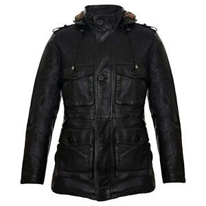 Men's Black Hooded Leather Multi-Pocket Duffle Trench Coat with Drawstring XS