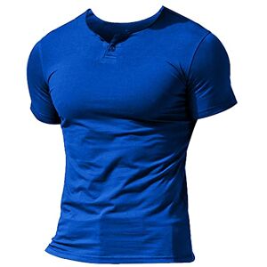 Men Summer Casual Short Sleeve Henleys T-Shirt Single Button Placket Plain v Neck Shirts Cotton Style A Blue L