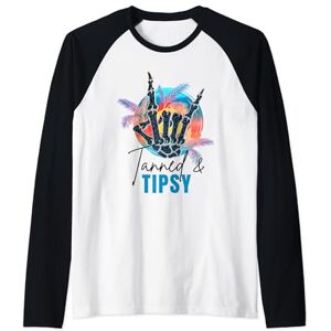 Summer Season Apparel Co. Tanned And Tipsy Summer Vacation Day Drinking Skeleton Hand Raglan Baseball Tee