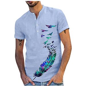 Mens Linen T Shirts Short Sleeve Feather Print Henley Shirts Turn-Down Collar Button Aloha Cotton Linen Bohemia Tee Tops Hawaiian T-Shirt for Beach Holiday UK Clearance Size M-2XL