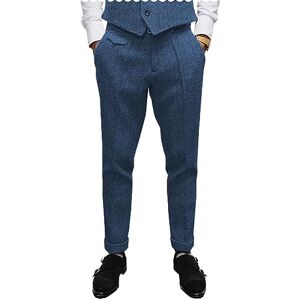 AeoTeokey Men's Retro Dress Suit Pants Tweed Wool Flat Front Herringbone Trousers (Blue, 30W x 30L)