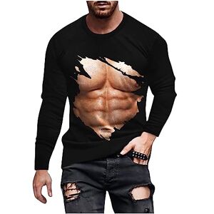 HAOLEI Men's Long Sleeve Tops Loose Fit Novelty 3D Muscle T Shirt UK Clearance Funny Graphic Shirts Crew Neck Tees Casual Vintage Gym Running Active Sports Blouse Tops Summer Hawaiian Shirt