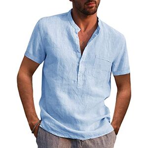 AUDATE Summer Men's Short Sleeve Linen Shirts Cotton Henley Tops Summer Shirt Light Blue 2XL