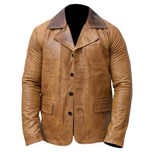Fashion_First Tan Brown Leather Jacket Mens 3/4 Length Leather Car Coat Brown Denim Jacket Men