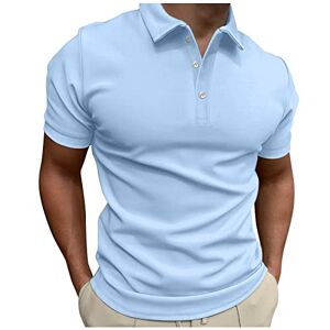 Generic Male Summer Casual Striped Fabric T Shirt Button Turn Down Collar Short Sleeve Soild Color Top Plain Short Sleeve Shirts for Men (Light Blue, XL)