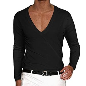 Caxndycing Men's Long Sleeve Shirt with Deep V-Neck Plain Basic Shirt Deep V-Neck Long Sleeve Slim Fit Stretch Long Sleeve Shirt Plain Long Sleeve Pull Sweatshirt Long Sleeve Shirt, black, M