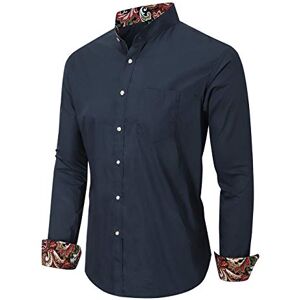 JEETOO Mens Grandad Collar Oxford Shirt Long Sleeve Solid Color (XXX-Large, Splice_Navy)