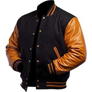 Fashion_First Mens Varsity College Jacket - Black & Golden Bomber Baseball Jacket - American Style Letterman Wool + Faux Leather Jacket For Men