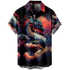 HAOLEI Short Sleeved Shirts for Men UK Sale Clearance Chinese Dragon Print Casual Shirts Summer Lightweight Regular Fit Turn-Down Collar Tops Button Down Hawaiian Vacation Shirt for Beach S-4XL