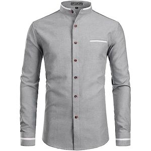 PARKLEES Mens Hipster Design Grandad Collar Oxford Shirt Slim Fit Long Sleeve Casual Button Down Dress Shirts with Pocket Grey S
