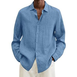 Generic Men's Casual Shirt Male Summer Cotton Linen Solid Casual Plus Size Loose Shirt Mens Turn Down Collar Long Sleeve Shirt 50s Mens Shirt Light Blue