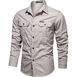 Generic Male Autumn Winter Soild Color Cotton Single Breasted Double Pocket Long Sleeve Washed Shirt 50s Mens Shirt (Beige, XXXL)