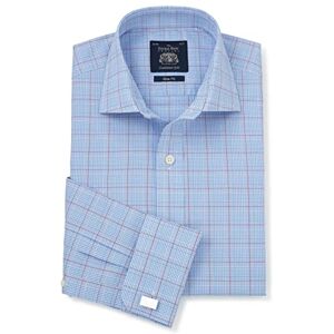 THE SAVILE ROW COMPANY LONDON Men's Slim Fit Cotton Poplin Long Sleeve Formal Shirt - Double Cuff - White Blue Red Prince of Wales Check - 16.5" Collar - Standard