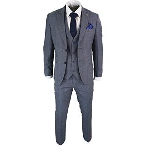 Paul Andrew Mens 3 Piece Tailored Fit Prince of Wales Check Grey Blue Tweed Suit Vintage Retro