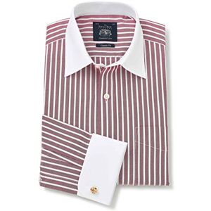 THE SAVILE ROW COMPANY LONDON Men's Classic Fit Cotton Poplin Formal Shirt - Double Cuff - Dark Red White Stripe with White Collar & Cuffs - 15.5" Collar - Standard