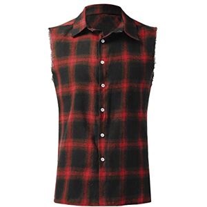 Generic Men's Summer Casual Fashion Sleeveless Checked Vest Button-Down Shirt Men's Shirts Modern Fit, Red-A, XL