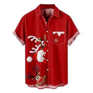 WILMOT Mens Christmas Bowling Shirt 50s Retro Rockabilly Style Top Funny Santa Claus Printed Short Sleeve Hawaiian Aloha Shirt(Red,3XL)