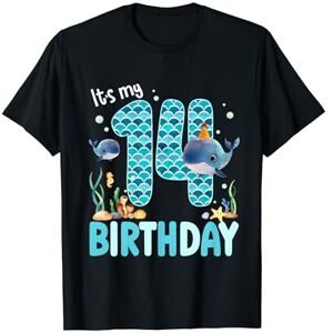 Summer Whale Family Birthday Boy Sea Ocean Party It’s My 14th Birthday 14 Year Old Whale Sea Aquarium Bday T-Shirt