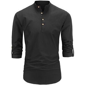 JEETOO Mens Grandad Collar Oxford Shirt Long Sleeve Solid Color (Small, Black)