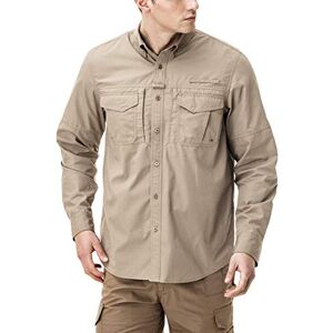 Tesla Gears CQR Men's Long Sleeve Work Shirts, Ripstop Military Tactical Shirts, Outdoor UPF 50+ Breathable Button Down Hiking Shirt, Officer Work Shirts Khaki, S