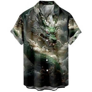 HAOLEI Short Sleeved Shirts for Men UK Sale Clearance Chinese Dragon Print Casual Shirts Summer Lightweight Regular Fit Turn-Down Collar Tops Button Down Hawaiian Vacation Shirt for Beach S-4XL