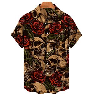 WINDEHAO Summer Men's Gothic Skeleton Retro Rose Flower Printed Shirt,Lapel Button Down Short Sleeve Blouse,Holiday Party Beach Top (202,M)