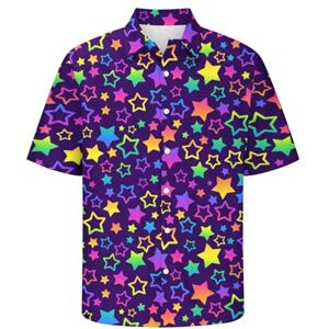 HAOLEI Short Sleeved Shirts for Men UK Sale Clearance Mens Summer Shirts Casual Beach Hawaiian Shirt Button Down Holiday Shirts Turn-Down Collar Rainbow Print Shirt Tops