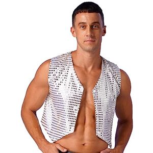 Kaerm Men's Glittery Sequined Tight Club Vest Jacket Sparkly Disco Party Dance Waistcoat Tops Silver S