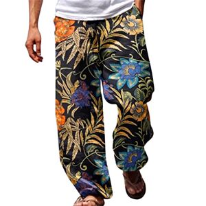 Men Casual Cotton Fancy Print Wide Leg Baggy Sweatpants Men's Printed Tracksuit Bottoms Hippie Bloomers Cargo Trousers with Pocket Drawstring Baggy Dancing Crotch Trousers Black