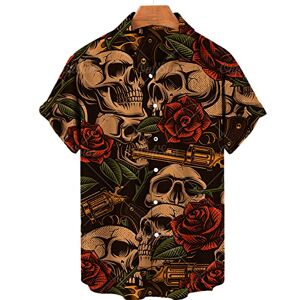 WINDEHAO Summer Men's Gothic Skeleton Retro Rose Flower Printed Shirt,Lapel Button Down Short Sleeve Blouse,Holiday Party Beach Top (203,XXL)