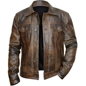 Fashion_First Mens Waxed Leather Trucker Jacket Mens Vintage Leather Distressed Jacket Brown Waxed Denim jacket