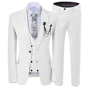 Heydhsdc Three Pieces Men's Wedding Suit Three Pieces Dots Printed Slim Fit Notch Lapel Tuxedos Tailcoat Men Double Breasted Vest White 5XL