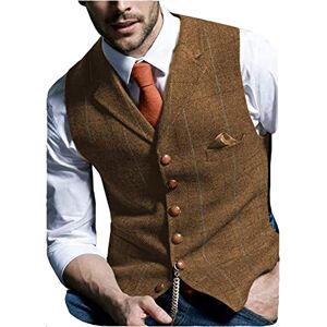 Generic Casual Men'S Vest For Wedding Simple Style Plaid Soft Wool Tweed Waistcoat For Man Men Lightweight Sleeveless Outerwear (Color : BROWN, One Size : S)