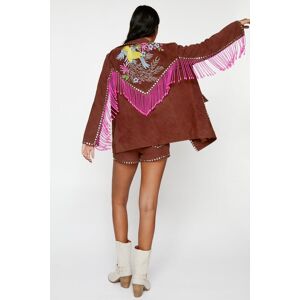 NastyGal Real Suede Embroidered Back Fringe Jacket