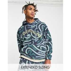 Asos Design Mens Daysocial Co-Ord Oversized Hoodie In Polar Fleece With All Over Doodle Print In Navy - Blue - Size Medium