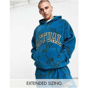 Asos Design Mens Actual Co-Ord Oversized Polar Fleece Hoodie With All Over Print And Applique Logo In Blue - Sky Blue - Size Medium