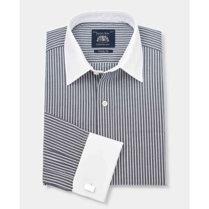 Savile Row Company Black White Stripe Classic Fit Shirt With White Collar & Cuffs - Double Cuff 18