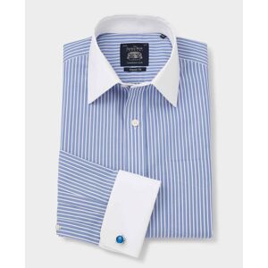 Savile Row Company Blue White Stripe Classic Fit Non-Iron Shirt With White Collar & Cuffs - Double Cuff 17