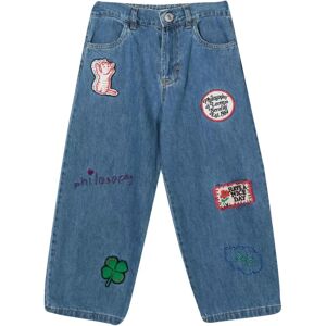 Philosophy di Lorenzo Serafini , Denim Wide Leg Pants with Multicolor Appliques ,Blue male, Sizes: 8 Y, 14 Y