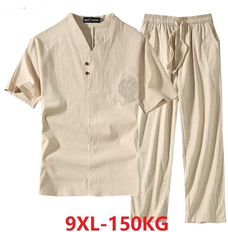 QGOOD Men's Clothing Large Size Tracksuit Husband Summer Suit Linen T-shirt Fashion Male Set Chinese Style Plus Two Piece