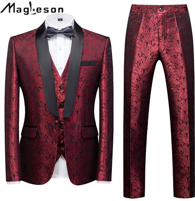 MAGLESON Men's Clothing Stylish Male Dress Wedding Groomsmen Three-piece Set Suits & Blazers Jacket+Pants+Vest