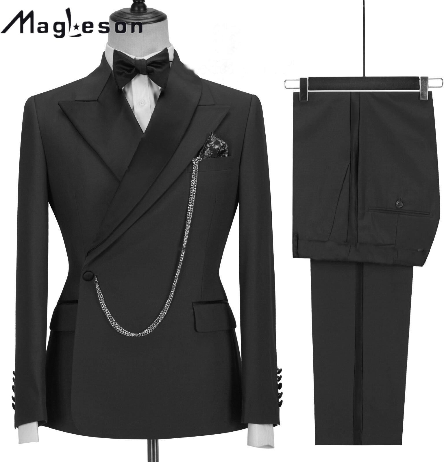 MAGLESON Men's Clothing Stylish Formal Suit 2 Piece Set Solid Color Print Men Suit Business Office Wedding Suit Jacket+Pants Suits & Blazers