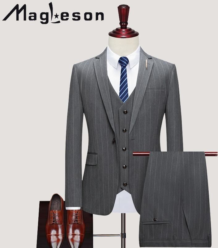 MAGLESON Men's Clothing Business Casual Suit Men's Three-piece Suit Striped Slim Groom Wedding Dress Formal Suits & Blazers