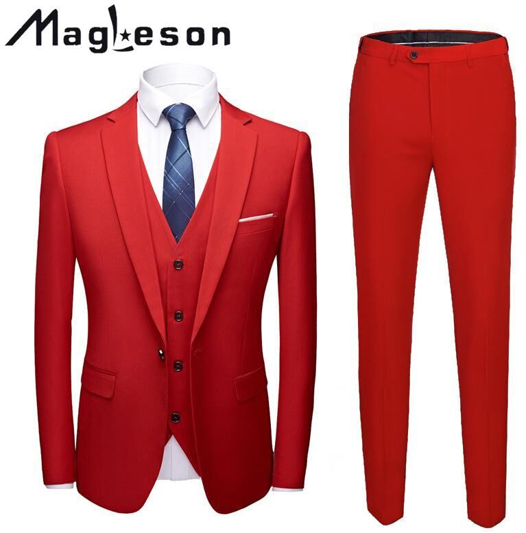 MAGLESON Men's Clothing Solid Color Suit Suit Men's Business Casual Wedding Groom Plus Size Three-piece Suit Suits & Blazers