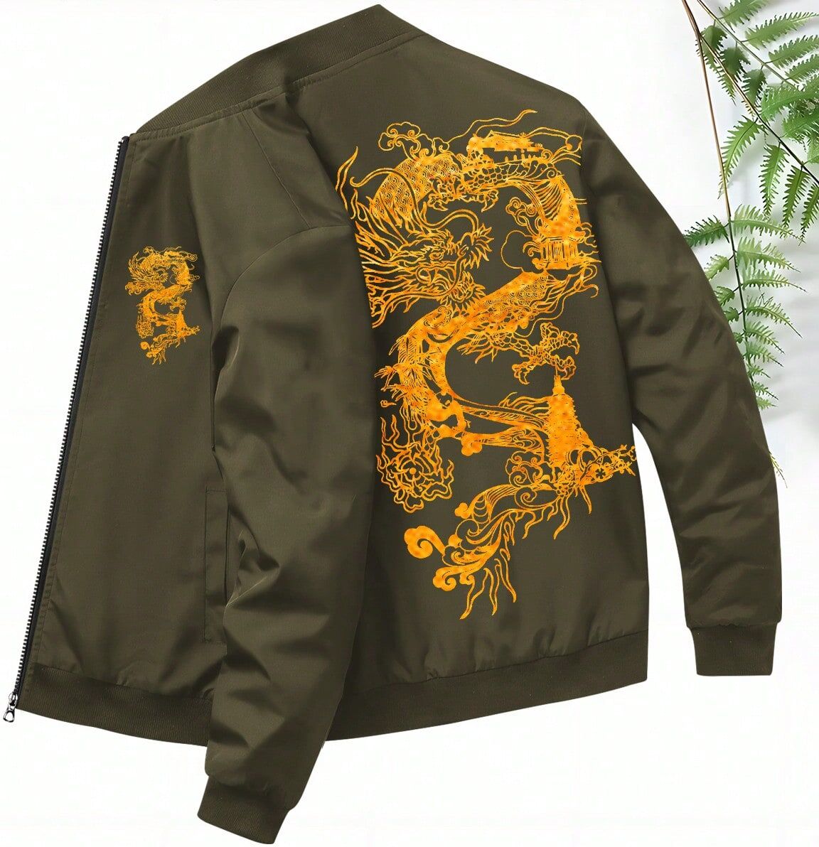 SHEIN Men's Autumn And Winter Sports And Leisure Outdoor Chinese Dragon Pattern Jacket Olive Green L,M,S,XL,XXL,XXXL Men