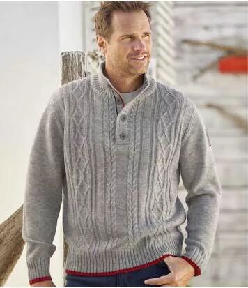 Atlas for Men Men's Buttoned Shawl Neck Knitted Jumper  - GREY - Size: M