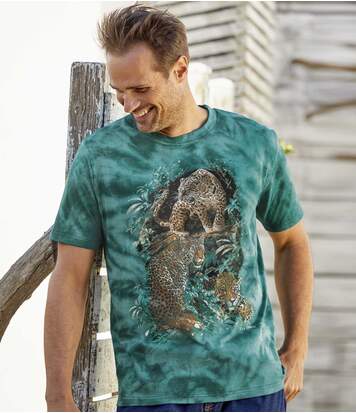 Atlas for Men Men's Green Panther Print T-Shirt  - PATTERNED - Size: L