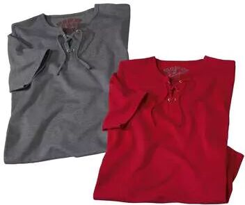 Atlas for Men Pack of 2 Men's Lace-Up Neckline T-Shirts - Grey Red  - GREY - Size: L